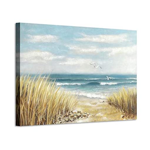 Photo 1 of Abstract Beach Painting Wall Art: Seashore Artwork Hand Painted Coastal Picture on Canvas for Office (45” x 30” x 1 Panel)
