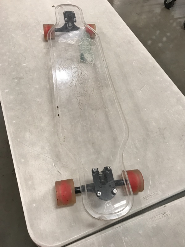 Photo 2 of *USED*
*SEE last pictures for damage* 
Ghost Long Board 40" Ghost Platypus Clear Longboard with Skeleton Hand Rose Design
