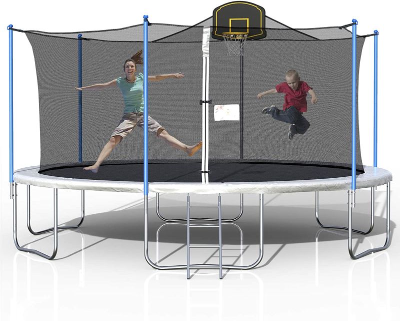 Photo 1 of (BOX 3 OF 3)
(THIS IS NOT A COMPLETE SET)


16FT Trampoline for Kids, Outdoor Trampoline with Safety Enclosure Net Basketball Hoop and Ladder, Trampoline for Adults (Black)
