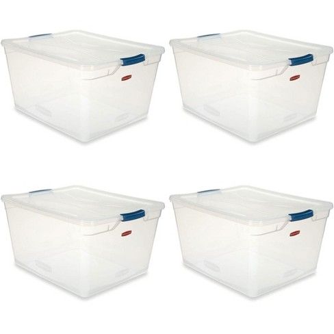 Photo 1 of (CRACKED CORNER) 
Rubbermaid Cleverstore Home/Office Organization 71 Quart Latching Clear Plastic Storage Tote Container Box Bin w/ Lid for Garage or Basement, (4 Pack)
