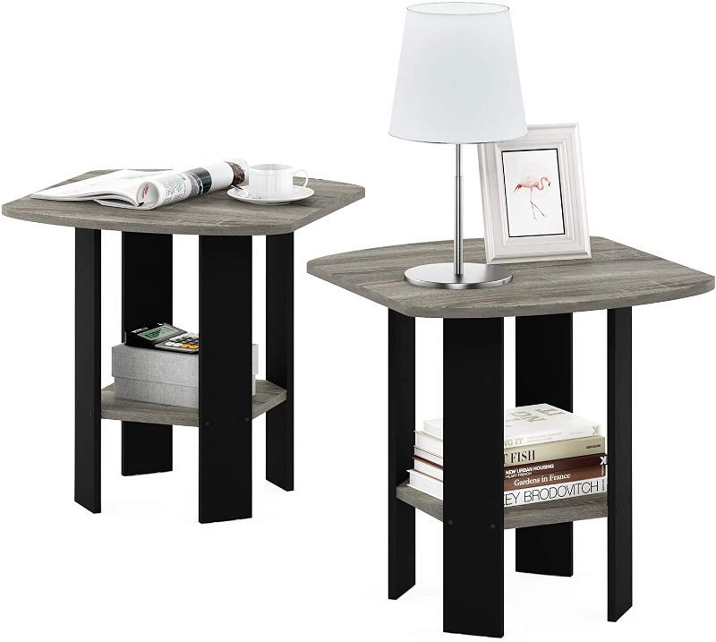 Photo 1 of (BROKEN OFF CORNER) 
FURINNO Simple Design End Table, 2-Pack, French Oak Grey/Black & Andrey End Table Nightstand Set, 2-Pack, French Oak Grey

