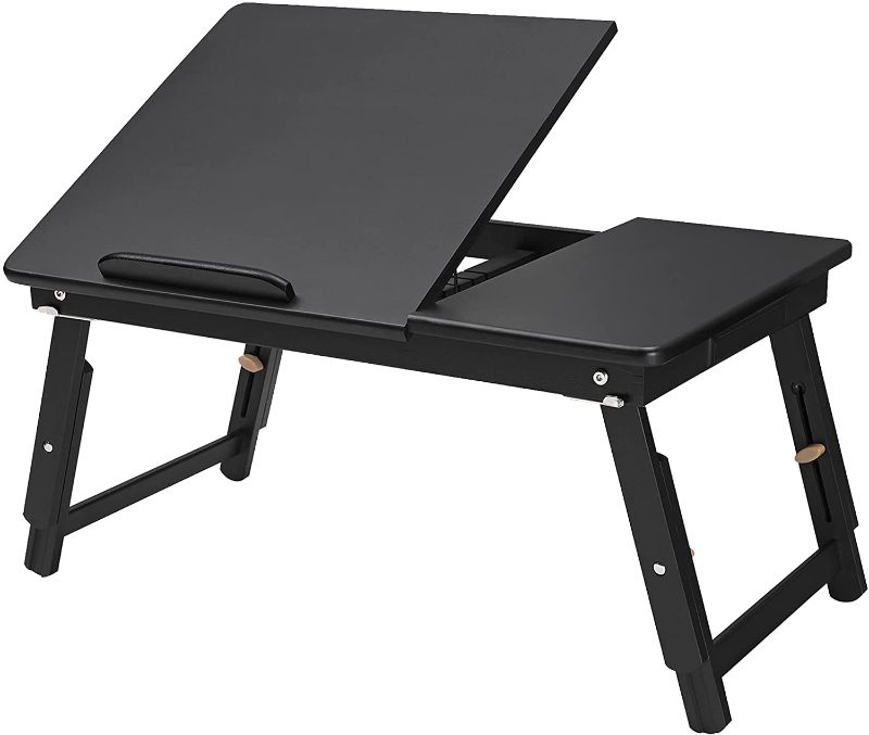 Photo 1 of (scratch damages) 
SONGMICS Laptop Desk for Bed Sofa with Adjustable Tilting Top, Breakfast Serving Tray with Folding Legs ,Multi Function Table, Floor Desk, 100% Bamboo Black ULLD01BK
