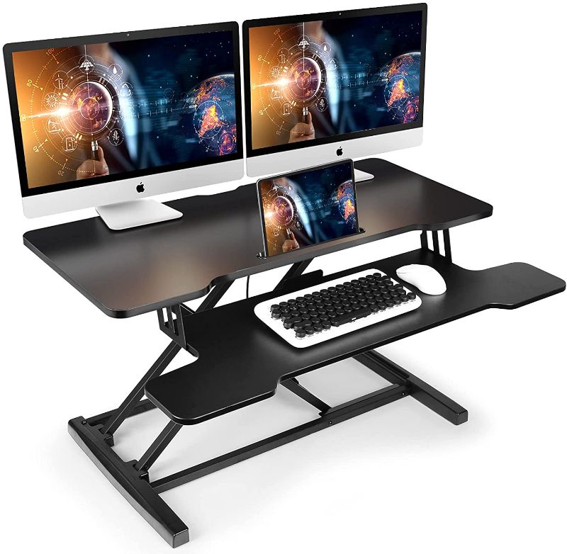 Photo 1 of Standing Desk Converter 36 inch, Height Adjustable Sit to Stand Desk Riser, Stand Up Desk for Home Office, Computer Monitor Tabletop with Keyboard Tray
