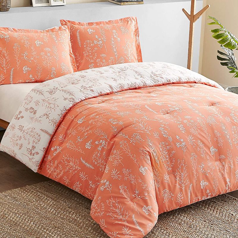 Photo 1 of Bedsure Queen Bed Comforter Set - Reversible Floral Coral Orange White Bedding Comforter Set, 3 Pieces Flowers Plants All Season Bed Set with 2 Pillow Shams
