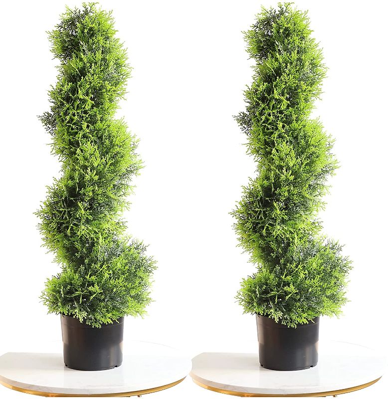 Photo 1 of 3 Foot Topiary Tree Artificial Plants Boxwood Spiral Topiaries Plant Fake Trees for Decor Indoor/Outdoor in Black Pot ?Set of 2?