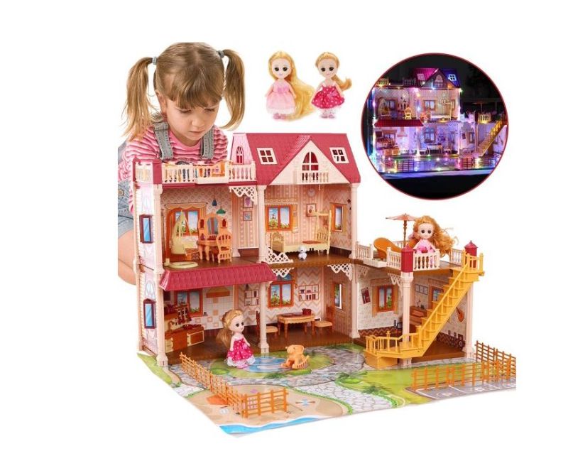 Photo 1 of CUTE STONE Flashing Light Dollhouse Dream House Includes 2 Dolls, 26.3" x 19.6" Doll House Dreamhouse with Furniture, Doll Accessories, Gift for Girls and Toddlers
