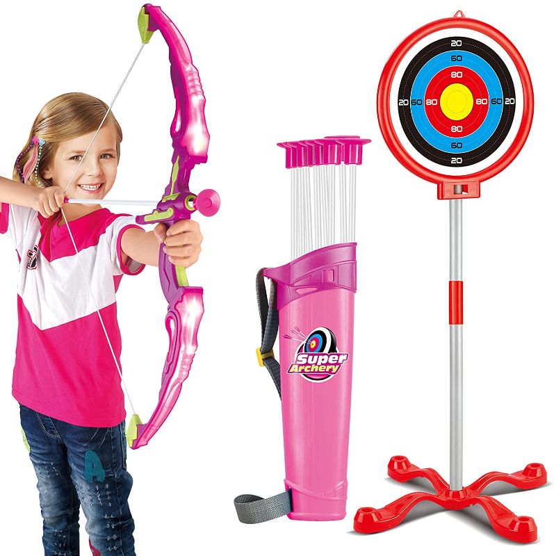 Photo 1 of Bow and Arrow for Kids with LED Lights - Upgrade Archery Set Includes 1 Super Bow, 8 Suction Cups Arrows, 2 in 1 Target and Quiver, Practice Indoor or Outdoor Toys for Kids 6-12 Years Old(Rose Red)