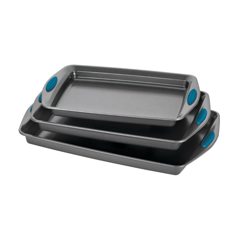 Photo 1 of 47425 Nonstick Bakeware Cookie Pan Set - 3 Piece - Gray with Marine Blue Silicone Grips
