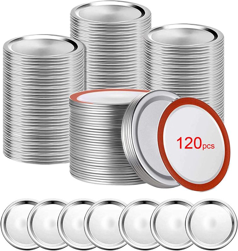 Photo 1 of 120 PCS Canning Lids,Mason Jar Lids,Regular Mouth Canning Lids,Premium Metal Lid Split-Type with Airtight Seal and Leak proof,Use for Home Canning & Food Storage (Silver, 120)