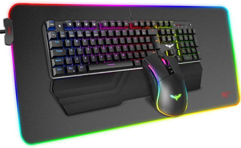 Photo 1 of Havit Mechanical Keyboard and Mouse Combo RGB Gaming 104 Keys Blue Switches Wired USB Keyboards with Detachable Wrist Rest, Programmable Mouse, RGB Large Gaming Mouse Pad for PC Gamer Computer Desktop
