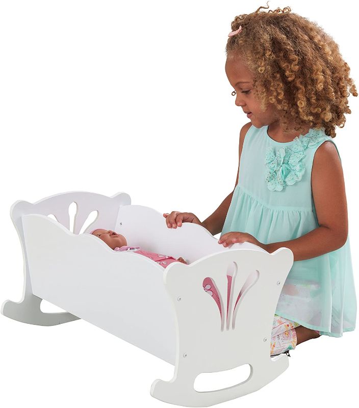 Photo 1 of KidKraft KidKraft Wooden White Lil' Doll Rocking Cradle with Pink Butterfly Pad, Blanket and Pillow for 18-Inch Baby Dolls, Gift for Ages 3+
