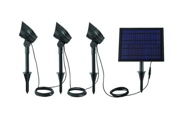 Photo 1 of **INCOMPLETE**
Solar Black LED 75-150 Lumen High-Low 3-Head Metal Spotlight
