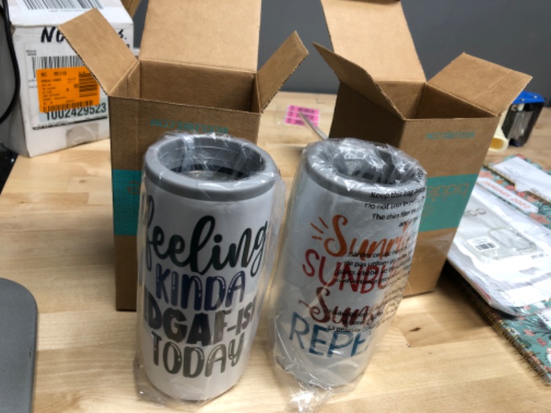 Photo 2 of **DIFFERENT DESIGN, SOLD AS SET**
Skinny Can Cooler for Slim Beer & Hard Seltzer - Stainless Steel, 12 oz. Sleeve, Double Wall Vacuum Insulated Drink Holder, 2 PKS