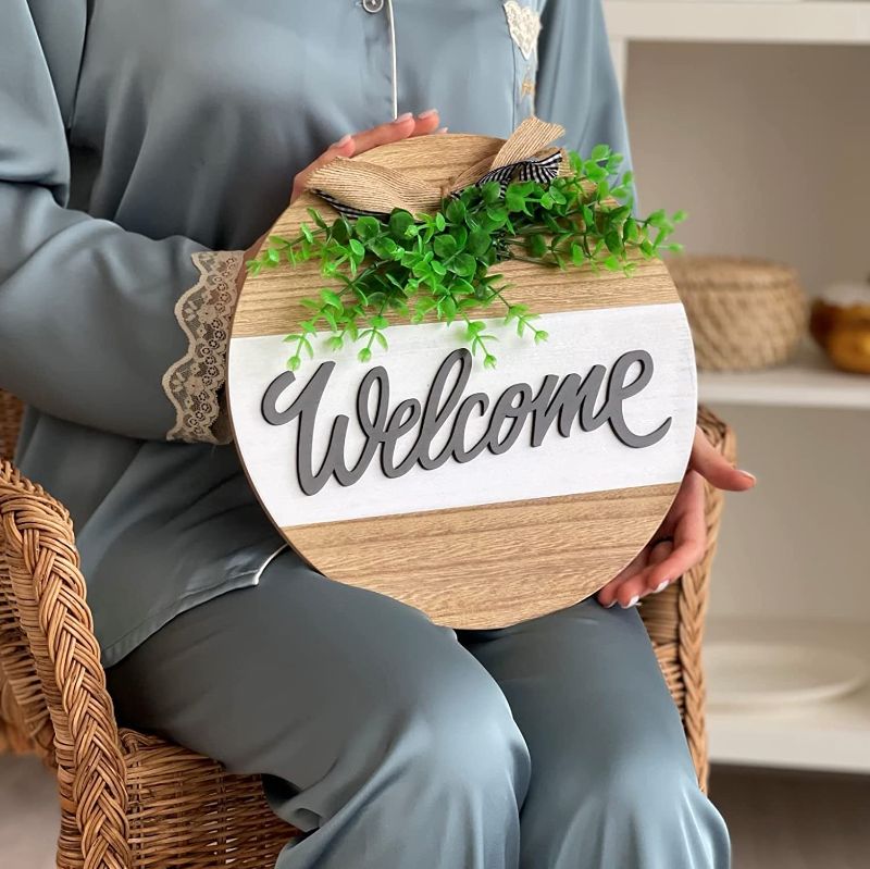 Photo 1 of **SET OF 2**
Eco Joy Welcome Sign for Front Door – Wood Round Hanging Outdoor Sign – Farmhouse Spring Porch Home Sign – Summer Wreath Home Décor (White and Wood Welcome)
