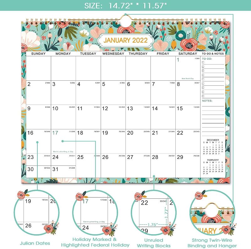 Photo 1 of 2022 Wall Calendar - 12 Months Wall Calendar, Jan 2022 - Dec 2022, Monthly Wall Calendar 2022 with Julian Dates, 15" x 11.5", Twin-Wire Binding, Hanging Loop, Blank Blocks, Thick Paper, SET OF 3
