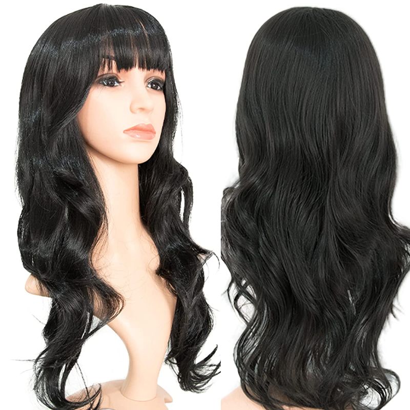 Photo 1 of **SET OF 2**
Black Wig with Bangs Long wavy wig for Women Synthetic lace front wig Heat Resistant Wigs for Daily Party Cosplay
