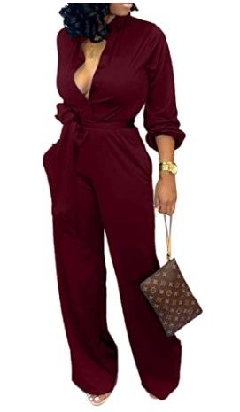 Photo 1 of Women's Sexy Jumpsuits Elegant Long Sleeve Straight Long Pants Clubwear Rompers with Pockets, Wine Red, Large
