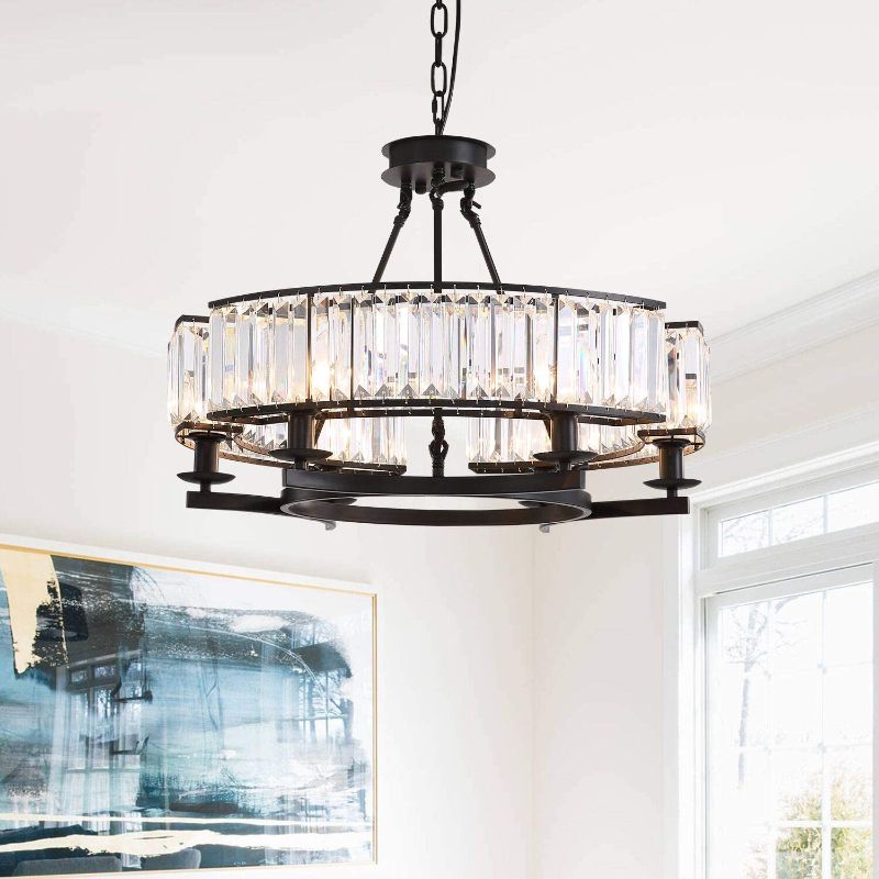 Photo 1 of **STOCK PICTURE NOT EXACT, FOR REFERENCE ONLY**
Rustic Vintage Farmhouse Round Crystal Chandelier with Black Frame,