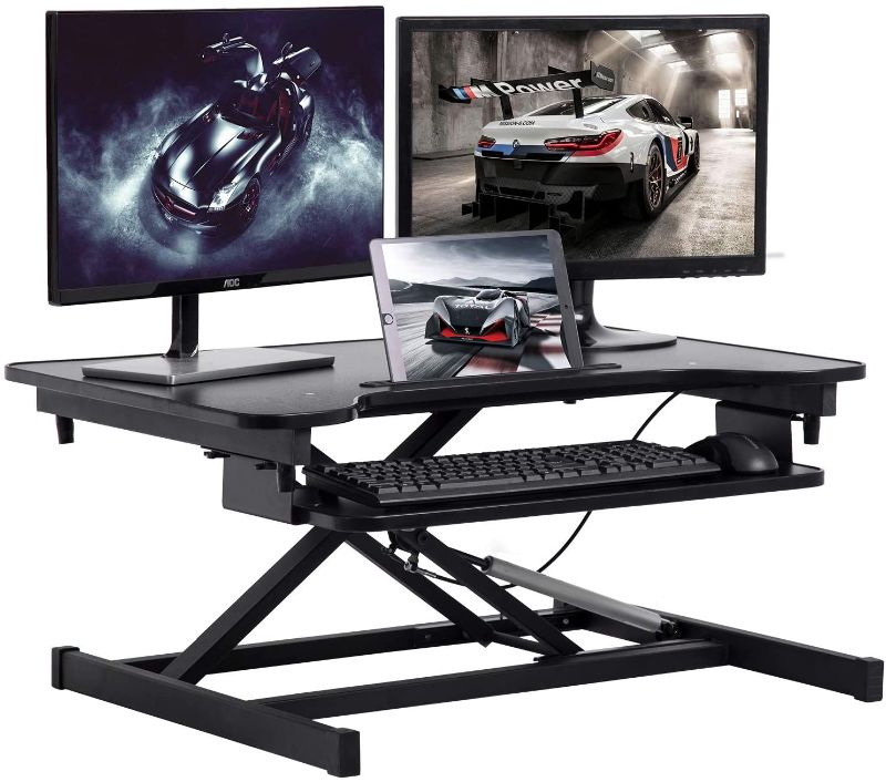 Photo 1 of Standing Desk Home Office Desk Dual Monitor 32 Inches Adjustable Height Steel Coverter Stand Up Desk with Keyboard Tray Ergonomic Home Office Computer Desk Workstation,Black
