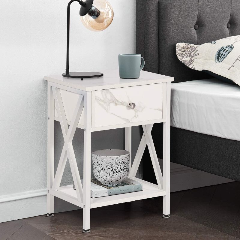 Photo 1 of  VECELO Versatile Nightstands X-Design Side End Table Night Stand Storage Shelf with Bin Drawer for Living Room Bedroom, White,,  Overall Dimension: 11. 8"Width x 15. 8" Length x 21. 7" Height. 
