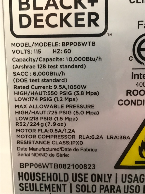 Photo 1 of BLACK+DECKER BPP06WTB Portable Air Conditioner with Remote Control, 10,000 BTU, Cools Up to 250 Square Feet, White **TESTED AND FUNCTIONS**