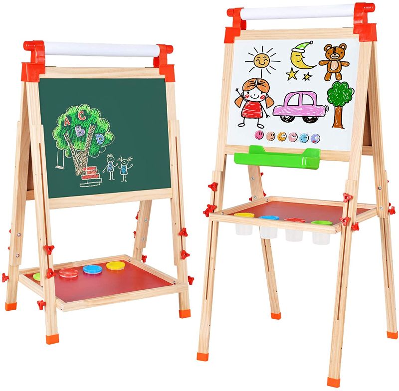 Photo 1 of  Easel for Kids, 3 in 1 Wooden Magnetic Chalkboard and Dry Erase Board for Toddler Art Easel Adjustable with Paper Roll