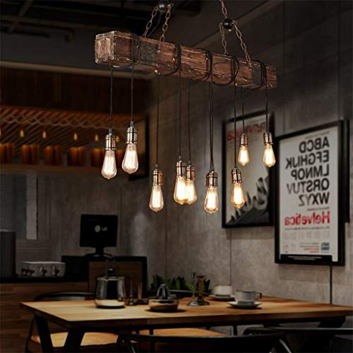 Photo 1 of 10-Lights Chandelier Wooden Retro Rustic Pendant Light - Industrial Suspension Light line can be Adjusted Freely - Distressed Wood Chandelier for Dining Table Vintage Kitchen