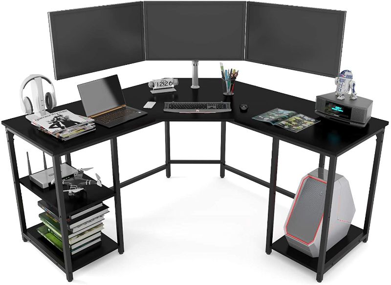 Photo 1 of Earthsign L Shaped Home Office Desk with Four Shelves Storage, Spacious Corner Computer Desk for Working from Home, Workstation, Gaming, 56.96 Inch, with Wood Top WHITE WITH BLACK METAL.
DIFFERENT COLOR THAN PICTURE, MISSING HARDWARE.