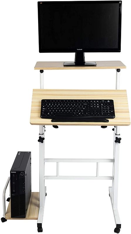 Photo 1 of Mind Reader SDROLL-WHT Mobile Sitting, Standing Desk Rolling Reversible Home Office Laptop Workstation with Side Storage, Locking Wheels, Large, White
