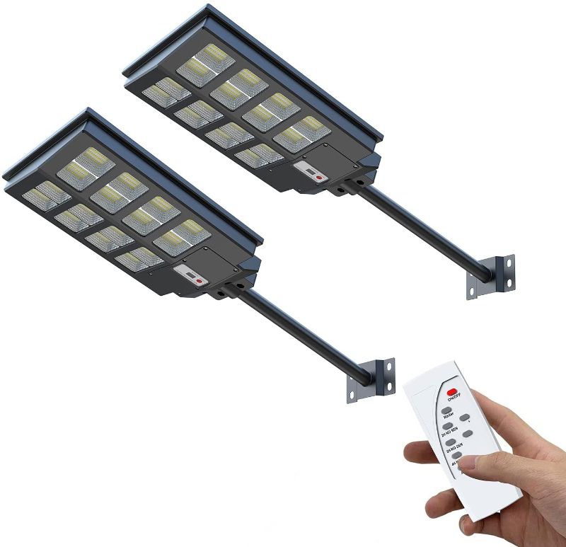 Photo 1 of ***PARTS ONLY/AS-IS/NO RETURNS*** FEELON 2 Pack 640LEDs 600W LED Solar Street Lights, 6V-25W-20AH Solar Battery Power Street Lamps Outdoor Dusk to Dawn with Motion Sensor for Parking Lot, Yard, Garage and Garden.
