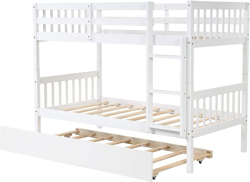 Photo 1 of ***BOX ONE OF TWO*** redcolourful Twin Over Twin Bunk Bed with Trundle, Bunk Bed Frame with Twin Size, Safety High Guardrails, White
