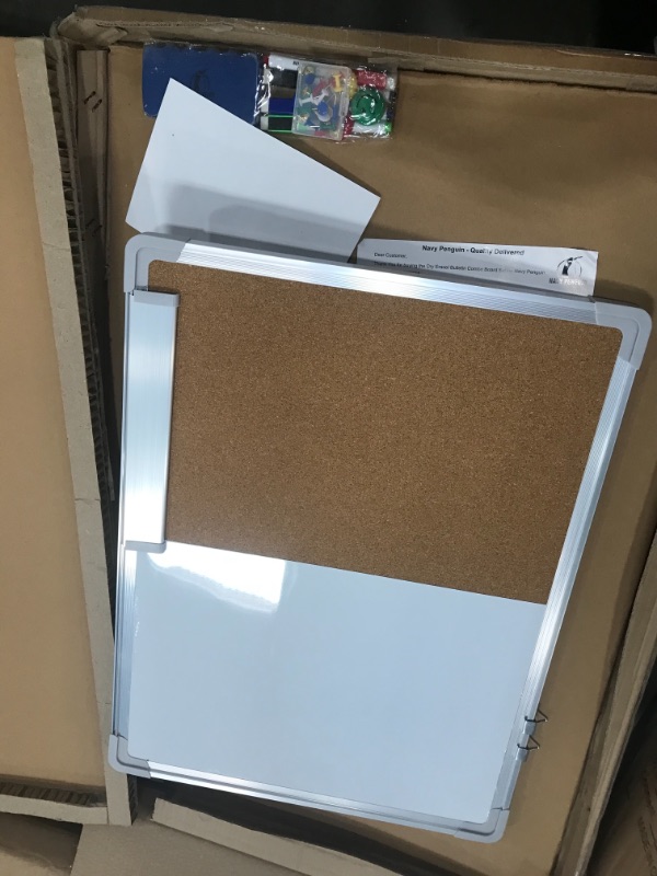 Photo 2 of Combination Whiteboard Bulletin Board Set - Dry Erase / Cork Board 30 x 20" with 1 Magnetic Dry Eraser, 4 Markers, 4 Magnets and 10 Pins - Big Combo Tack White Board for Home Office Cubicle Desk
