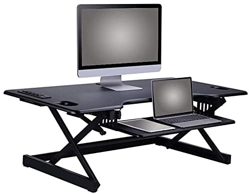 Photo 1 of Rocelco 46" Height Adjustable Standing Desk Converter - Desktop AC USB Charger - Sit Stand Up Triple Monitor Riser - Tall Computer Workstation - Retractable Keyboard Tray - Black (R DADRB-46-ACUSB)
