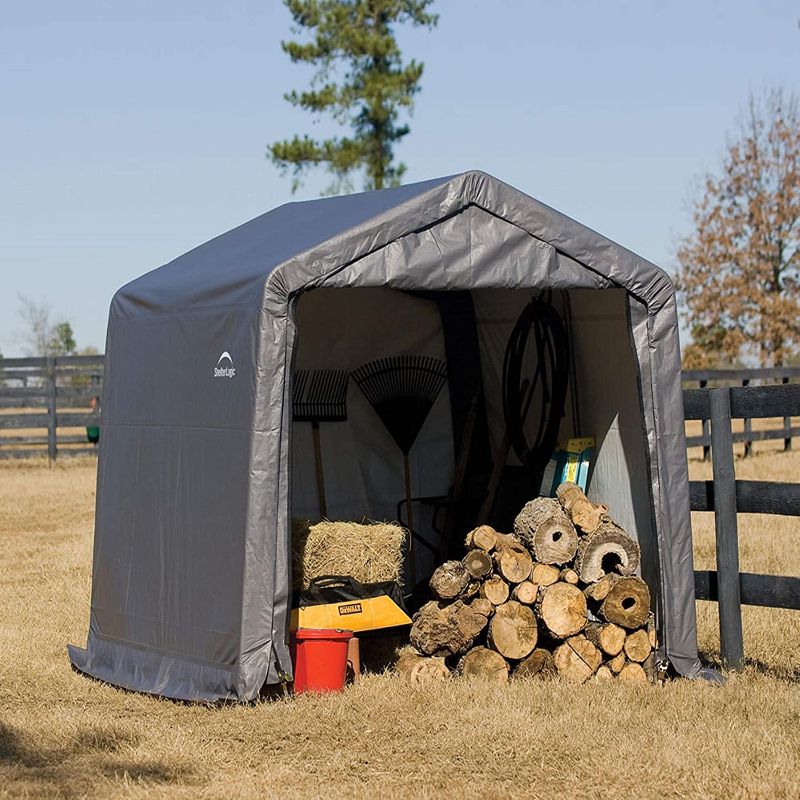 Photo 1 of ShelterLogic 8' x 8' x 8' Shed-in-a-Box All Season Steel Metal Peak Roof Outdoor Storage Shed with Waterproof Cover and Heavy Duty Reusable Auger Anchors
