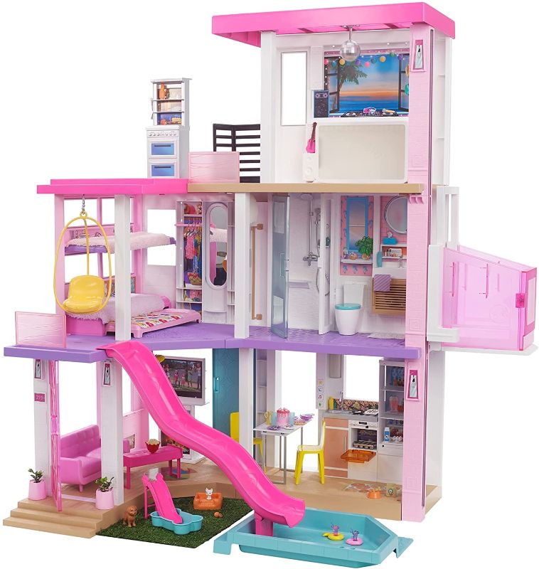 Photo 1 of Barbie Dreamhouse (3.75-ft) 3-Story Dollhouse Playset with Pool & Slide, Party Room, Elevator, Puppy Play Area, Customizable Lights & Sounds, 75+ Pieces, Gift for 3 to 7 Year Olds, New for 2021
Amazon: B08V1R73H9