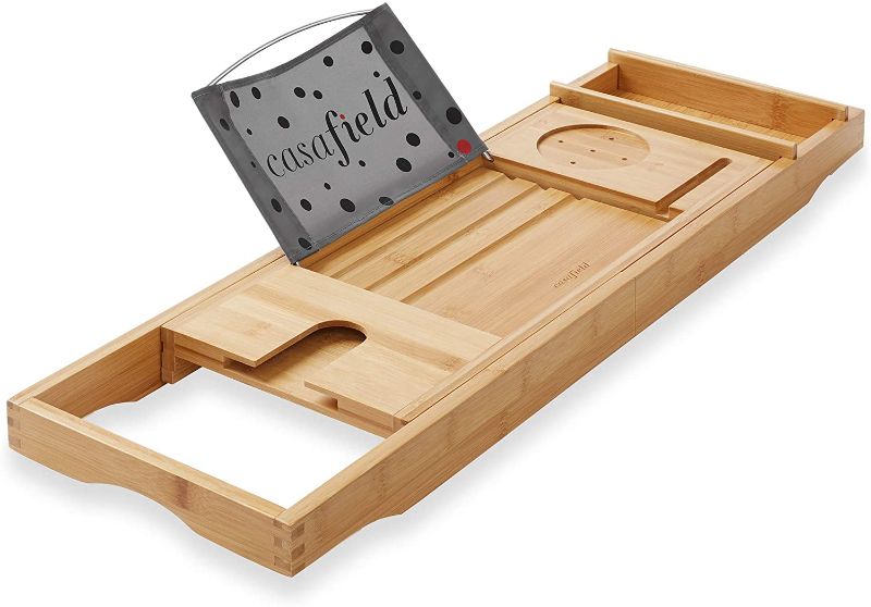 Photo 1 of Bathtub Caddy - Bamboo Adjustable Bath Organizer for Tablet, Book, Phone, Wine Glass, Candles and Soap
Amazon: B08666J1HG