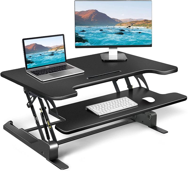 Photo 1 of ComHoma 36 inch Standing Desk Converter -Stand Up Height Adjustable Desk Riser-Computer Home Office Ergonomic Desk Table for Dual Monitors and Laptop Workstation with Keyboard Tray-Black
