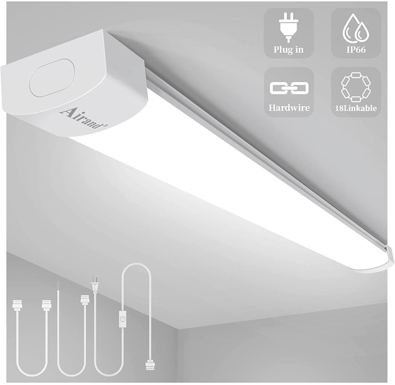 Photo 1 of Utility LED Shop Light Fixture 4FT Plug in Ceiling Lights LED Tube Light for Kitchen Bathroom Garage Basement Office, Long LED Shoplight, Corded Electric with ON/Off Switch, Linkable, IP66 Waterproof
**MISSING PLUG IN CABLE, MINOR BENT DAMAGE**
