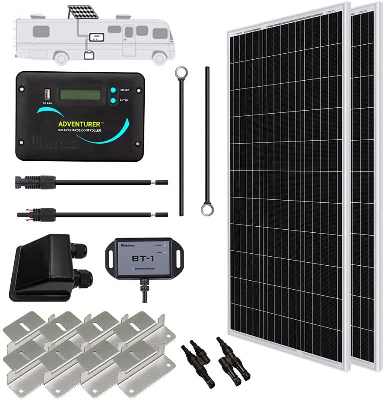 Photo 1 of Renogy 200 Watts 12 Volts Monocrystalline Solar RV Kit Off-Grid Kit with Adventurer 30A PWM LCD Charge Controller+ Mounting Brackets+ Male and Female Connectors+Solar Cables+Cable Entry housing