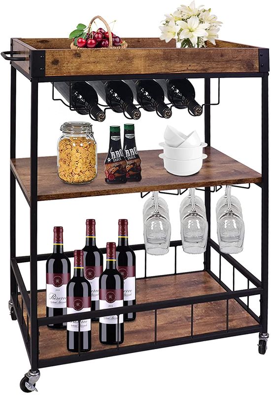 Photo 1 of aboxoo Wine Serving Bar Cart 3 Tier Home Rolling Rack with Wheels Mobile Kitchen Serving Cart,Industrial Vintage Style Wood Metal Serving Trolley Glass Holder Bar Cabinet
