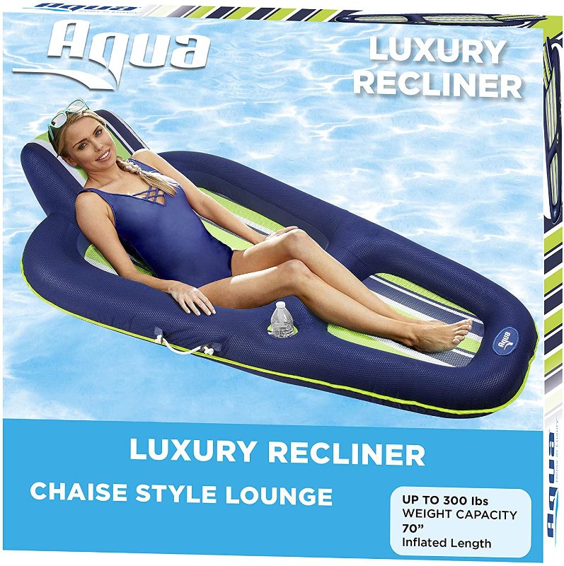 Photo 1 of Aqua Oversized Deluxe Pool Lounger, Inflatable Pool Float, Heavy Duty, X-Large, 70”, Navy/Green/White Stripe

//UNABLE TO TEST FOR HOLES 