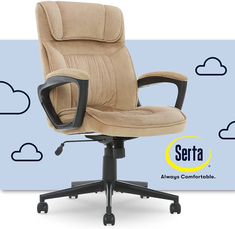 Photo 1 of Serta Hannah Microfiber Office Chair with Headrest Pillow, Adjustable Ergonomic with Lumbar Support, Soft Fabric, Beige
