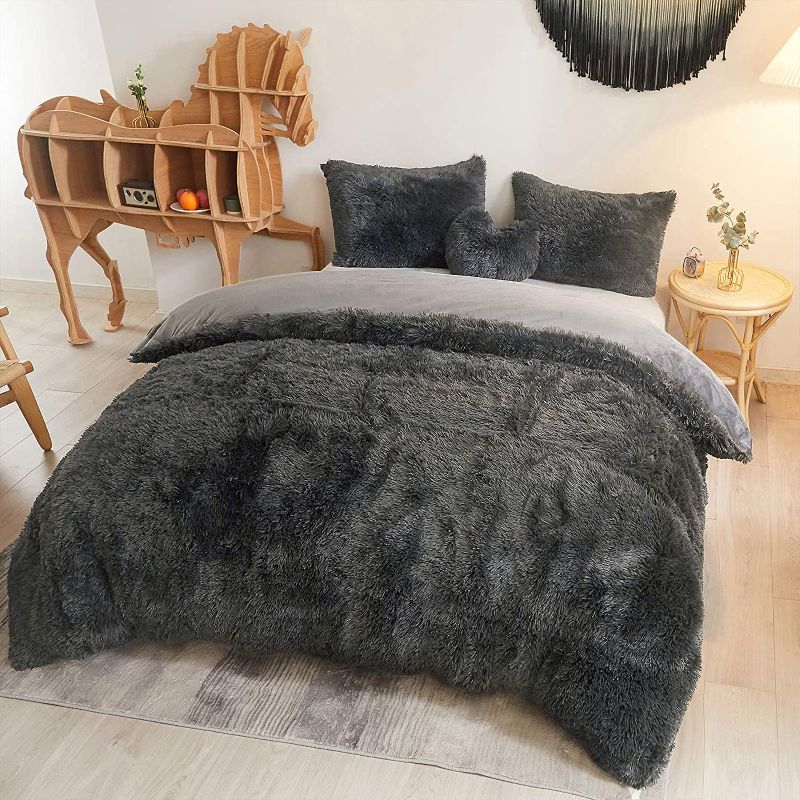 Photo 1 of (torn carry case) 
MEGO Luxury Shaggy Duvet Cover Set Ultra Soft Faux Fur Fluffy Comforter Set Plush Fuzzy Bedding 3 Pieces(1 Duvet Cover + 2 Pillow Shams),Zipper Closure(Queen,Dark Grey)
