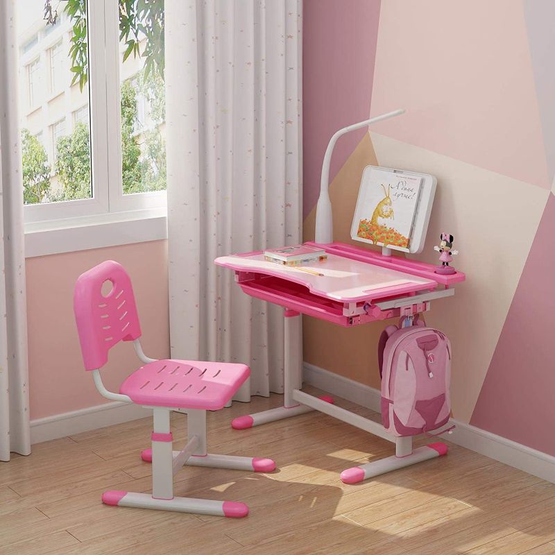 Photo 1 of C/N Kids Toddler School Height Adjustable Desk Table with Lamp and Chair Set, Pink
