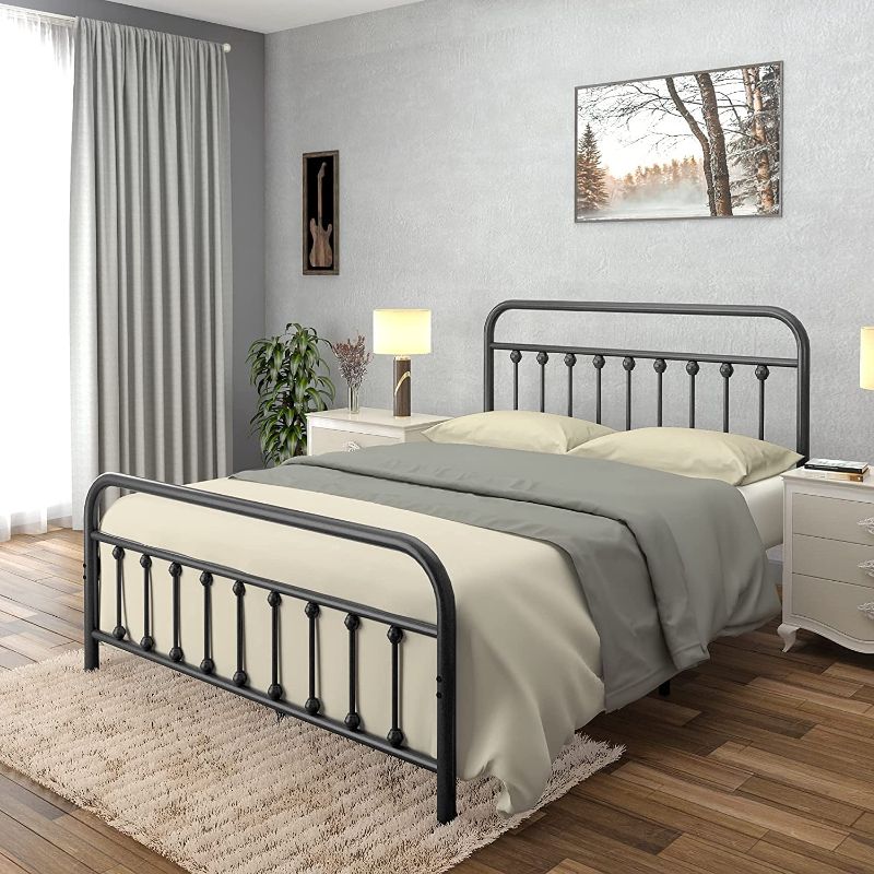 Photo 1 of AMBEE21 Vintage Queen Metal Bed Frame with Headboard and Footboard Platform/Wrought Iron/Heavy Duty/Solid Sturdy Metal Slat/LIGHT GREY/No Box Spring Needed/Industrial & Farmhouse
