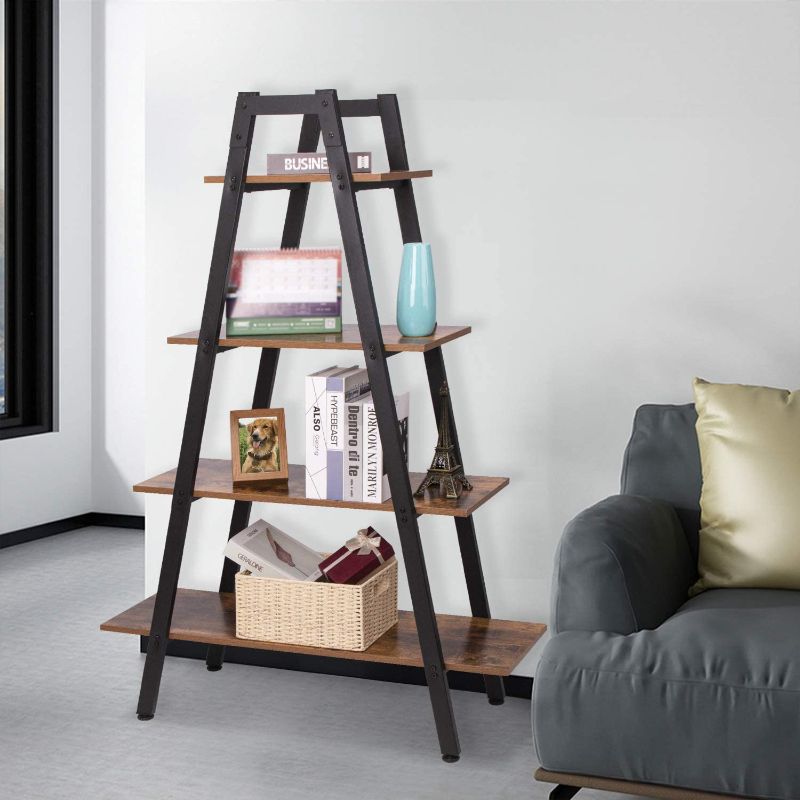 Photo 1 of 4-Tier Ladder Shelf Organizer, Bookcase and Storage Rack Shelves Plant Stand Free Standing Storage Bookshelf Wood Look Furniture with Metal Frame