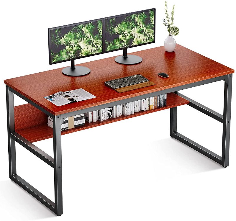 Photo 1 of Coleshome Teak Computer Desk with Hutch Bookshelf, 47" Office Desk with Storage Drawers, Super Sturdy Writing Desk for Home Office
