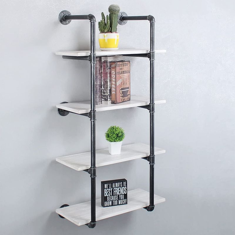 Photo 1 of Industrial Pipe Wall Shelf,4-Tiers Wall Mount Bookshelf,24in Rustic Wall Mount Shelf,DIY Storage Shelving Floating Shelves,Rustic Pipe Shelving Unit,Wall Book Shelf for Home Organizer,Vintage White
