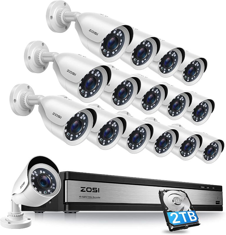 Photo 1 of ZOSI H.265+ 1080p 16 Channel Security Camera System, 16 Channel DVR Recorder with Hard Drive 2TB and 16 x 1080p Weatherproof CCTV Bullet Camera Outdoor Indoor with 80ft Night Vision, Motion Alerts
