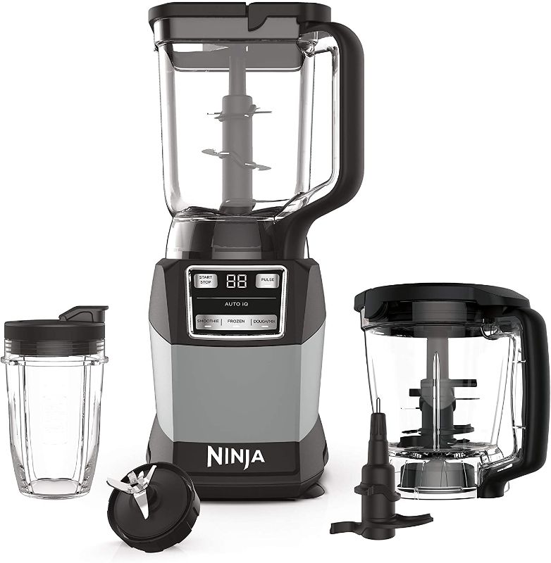 Photo 1 of Ninja AMZ493BRN Compact Kitchen System with Auto-iQ, Blender Food Processor Combo, Blend, Chop, Mix Doughs, 1200 Watts, Dishwasher safe 18 oz. Cup, black/grey

//missing components 
